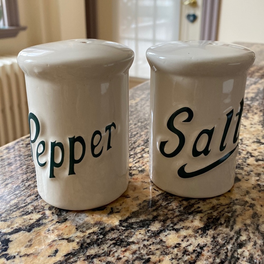 Himark Salt and Pepper Shakers, 80s Forest Green Lettering Ceramic Shakers